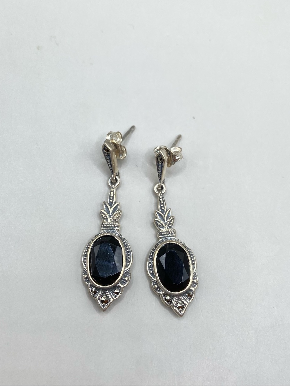 Vintage Sterling Silver Black Onyx Marcasite Pineapple Post Drop Earrings - Picture 4 of 6